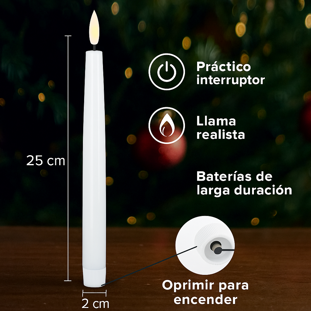 Velas LED Largas Navidad x2 – Elegancia sin fuego, magia sin riesgo.