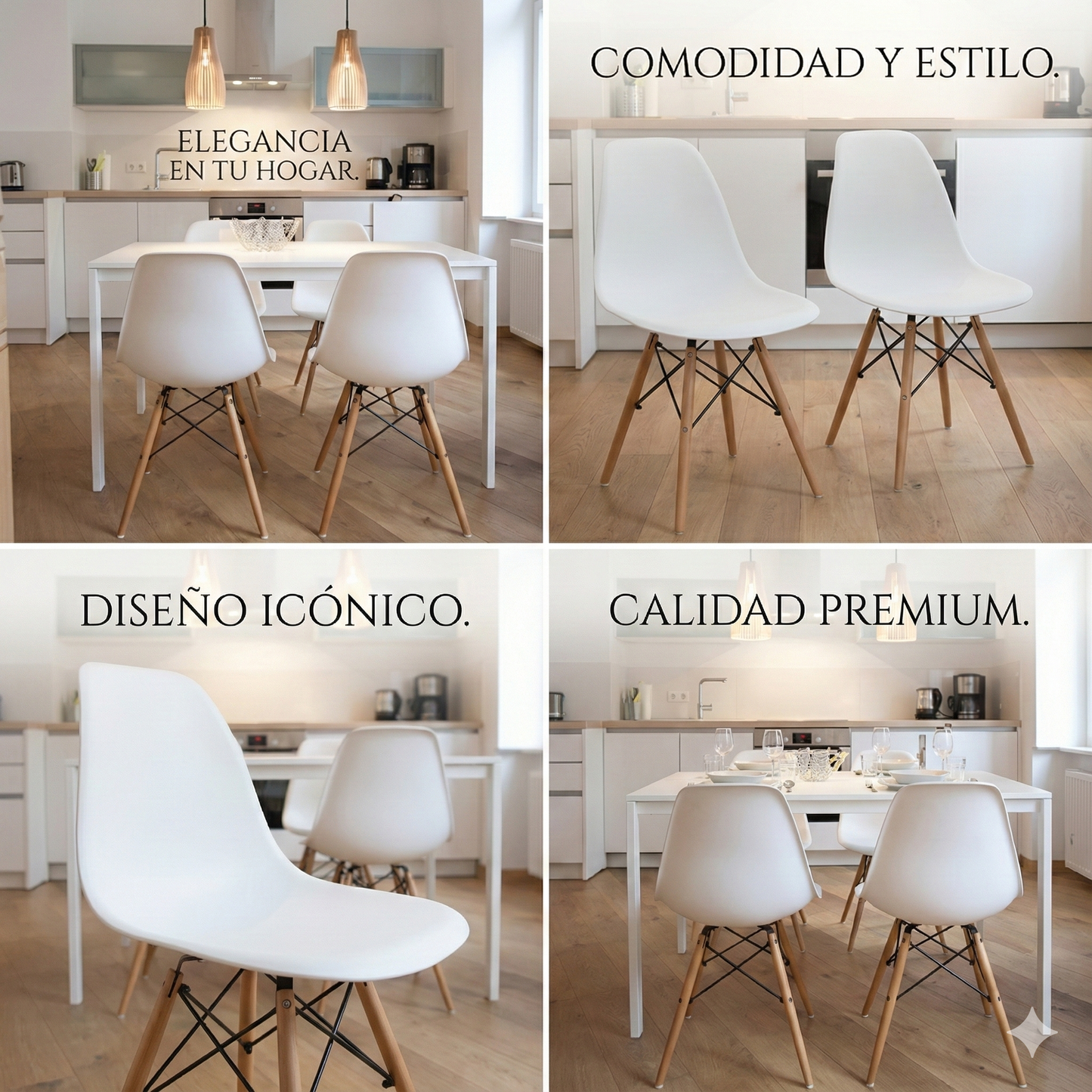 Kit x 4 Sillas Eames Clásicas: Diseño Icónico, Comodidad Versátil para su Hogar y Oficina
